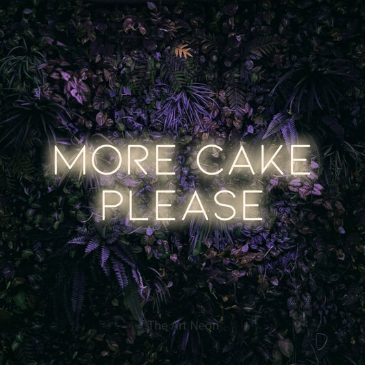 Enseigne néon à DEL à lumière blanche chaude, affichant « More Cake Please » sur un mur floral violet, pour décorer une fête