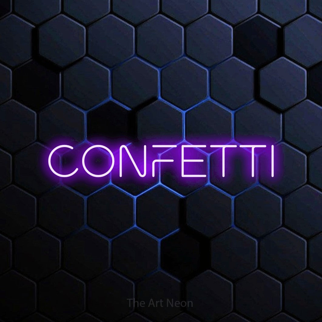 Purple LED neon sign reading "Confetti" against a blue hexagonal wall for party décor