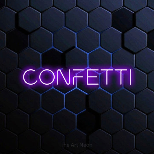 Enseigne néon à DEL à lumière violette, affichant « Confetti » sur un mur hexagonal bleu, pour décorer une fête
