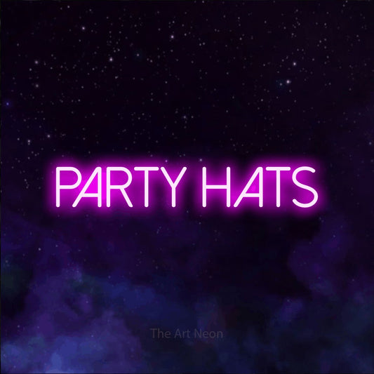 Pink LED neon sign reading "Party Hats" against a purple galaxy background for party décor
