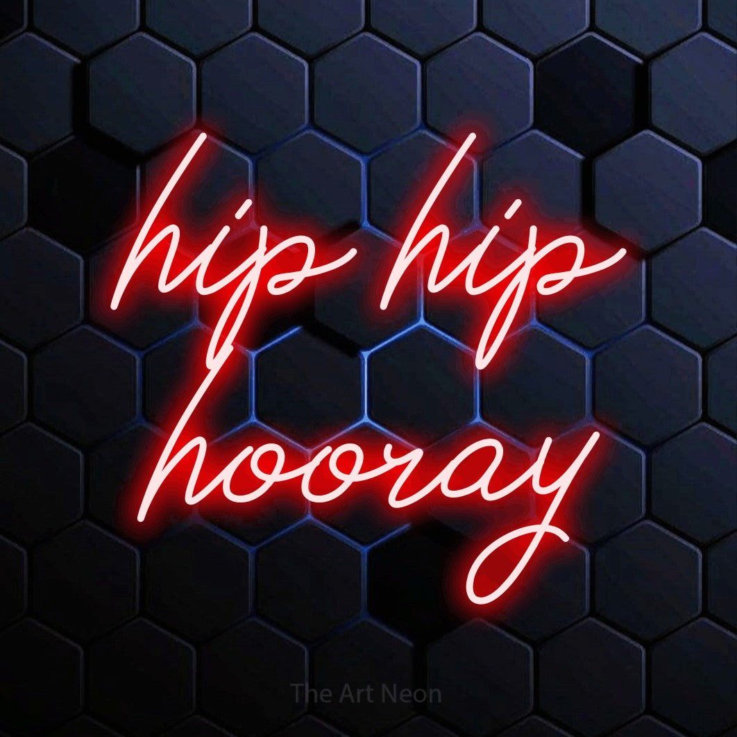 Enseigne néon à DEL à lumière rouge, de style manuscrit, affichant « Hip Hip Hooray » sur un mur hexagonal bleu, pour décorer une fête