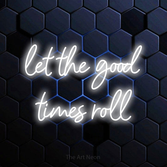 Cool white script-style LED neon sign reading "Let the Good Times Roll" against a blue hexagonal wall for party décor