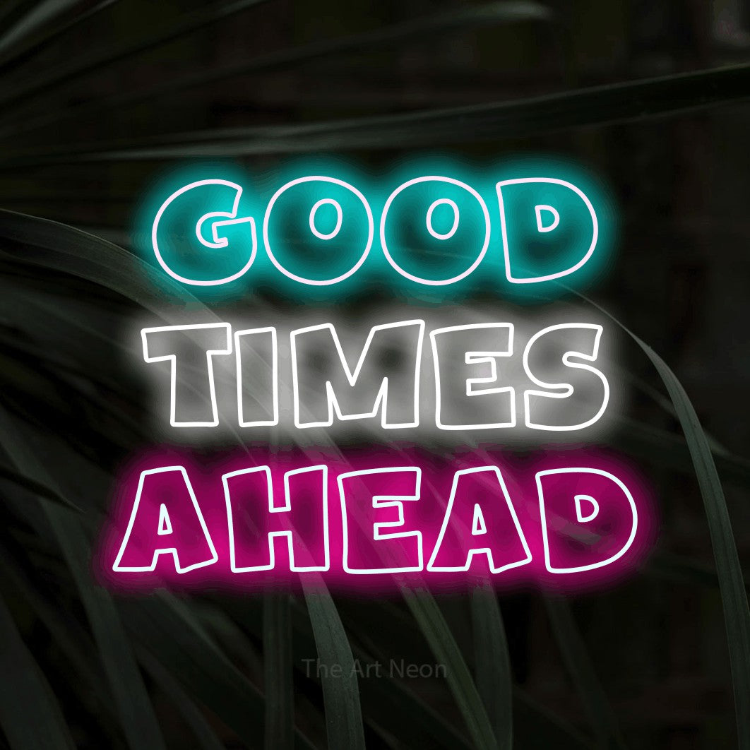 Enseigne néon à DEL à lumière multicolore, de style contour, affichant « Good Times Ahead » sur des feuilles tropicales foncées, pour décorer une fête