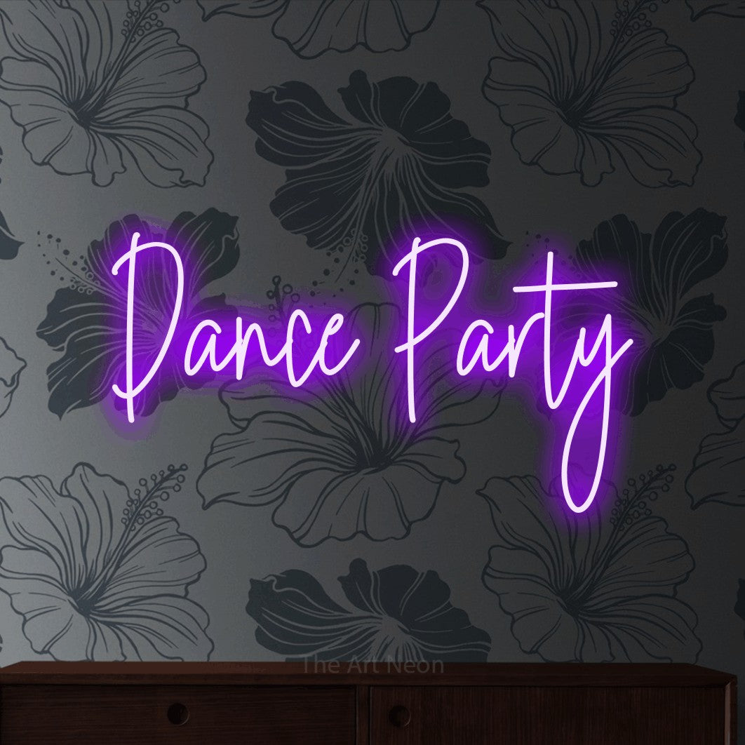 Enseigne néon à DEL à lumière violette, de style manuscrit, affichant « Dance Party » sur un papier peint floral gris, pour décorer une fête