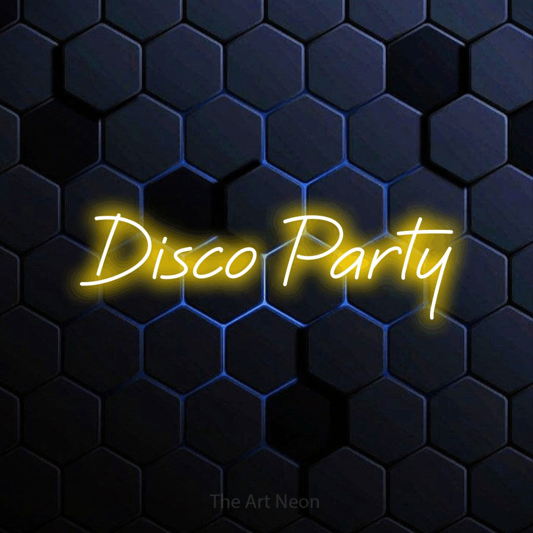 Enseigne néon à DEL à lumière jaune, affichant « Disco Party » sur un mur hexagonal bleu, pour décorer une fête
