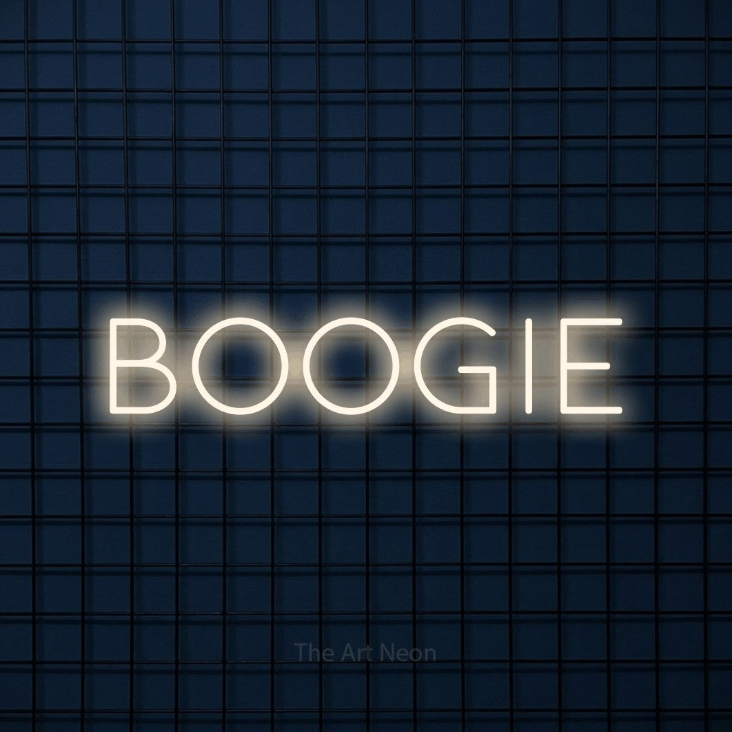 Enseigne néon à DEL à lumière blanche chaude, affichant « Boogie » sur un mur carrelé bleu foncé, pour décorer une fête