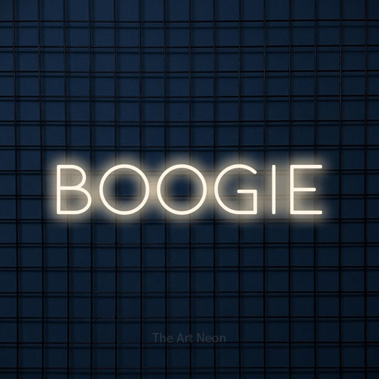 Warm white LED neon sign reading "Boogie" against a dark blue tiled wall for party décor