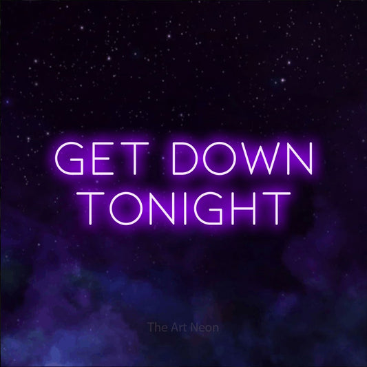 Purple LED neon sign reading "Get Down Tonight" against a purple galaxy background for party décor
