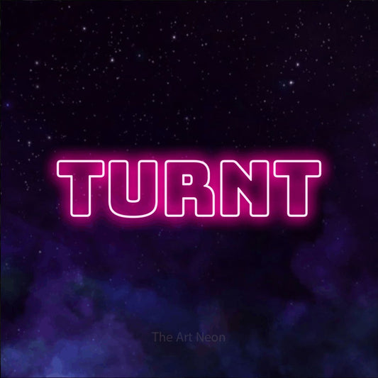 Hot pink outline-style LED neon sign reading "Turnt" against a purple galaxy background for party décor