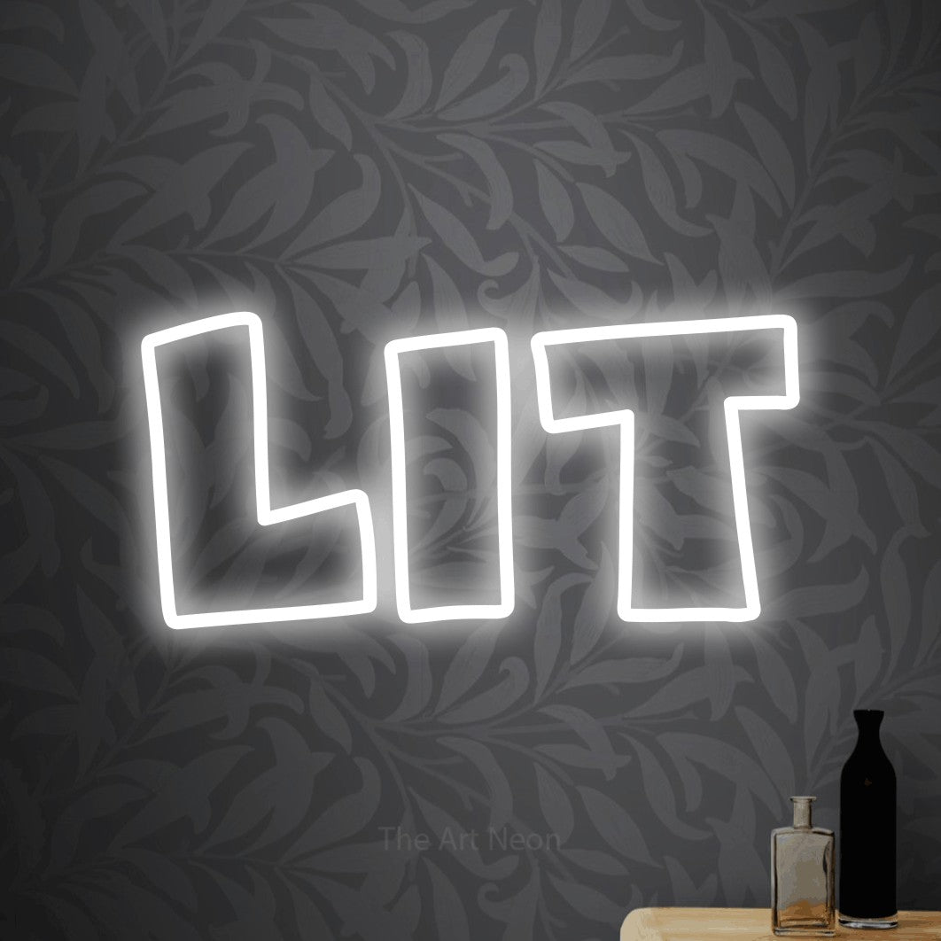 Cool white outline-style LED neon sign reading "Lit" against light grey floral wallpaper for party décor