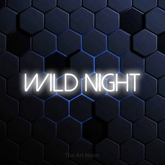 Cool white LED neon sign reading "Wild Night" against a blue hexagonal wall for party décor