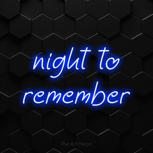 Blue LED neon sign reading "Night to Remember" against a black hexagonal wall for party décor