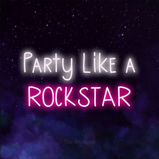 Hot pink and cool white LED neon sign reading "Party Like a Rockstar" against a purple galaxy background for party décor