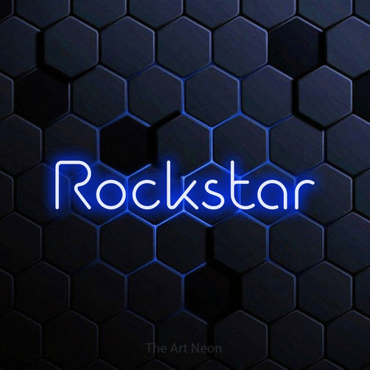Blue LED neon sign reading "Rockstar" against a blue hexagonal wall for party décor