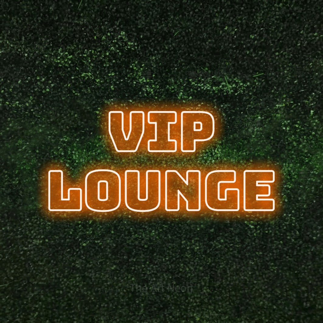 Orange outline-style LED neon sign reading "VIP Lounge" against a textured green moss wall for party décor