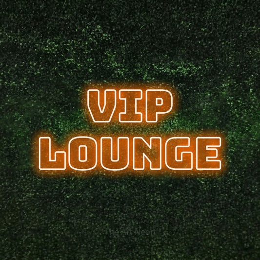Orange outline-style LED neon sign reading "VIP Lounge" against a textured green moss wall for party décor