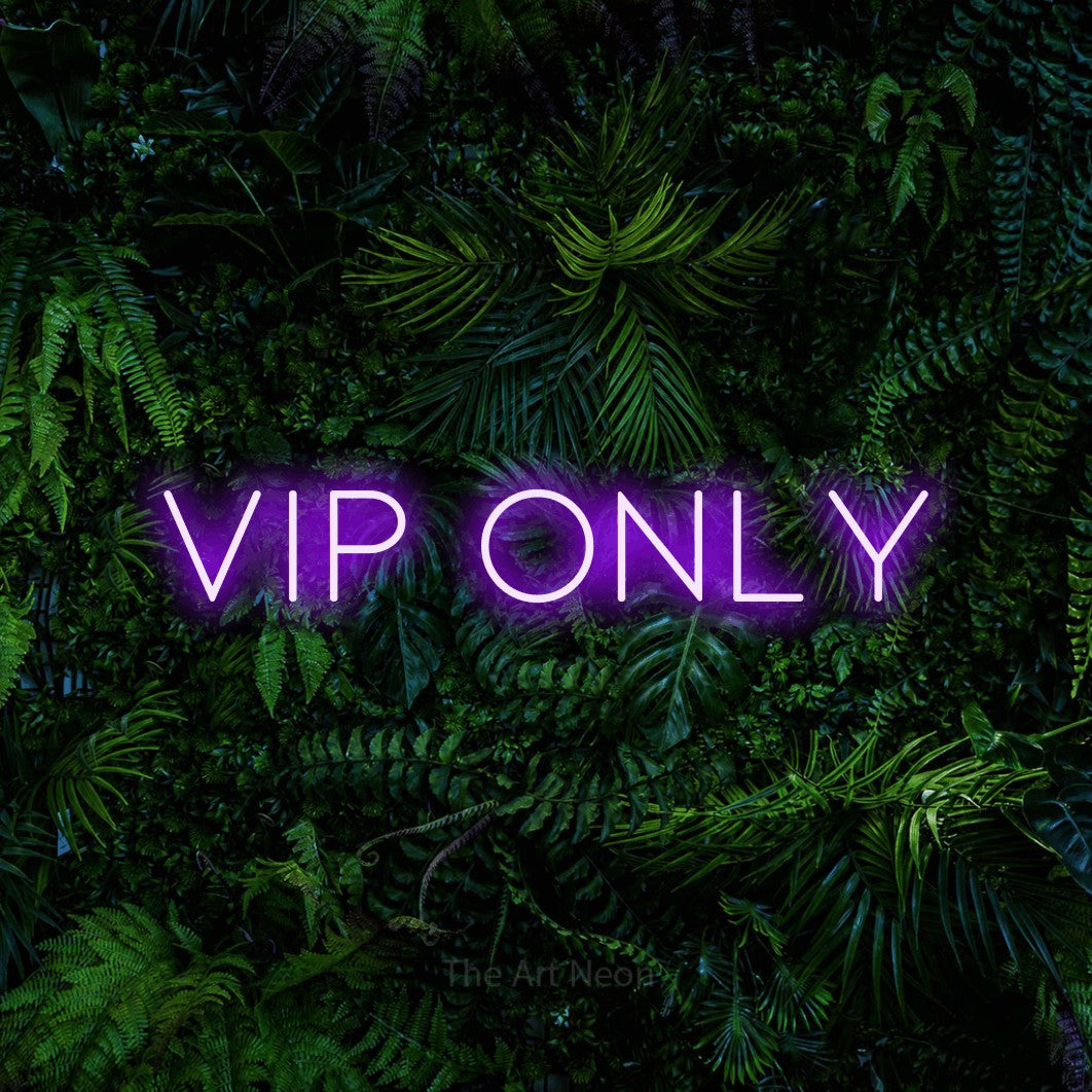 Purple LED neon sign reading "VIP Only" against a dense tropical foliage wall for party décor