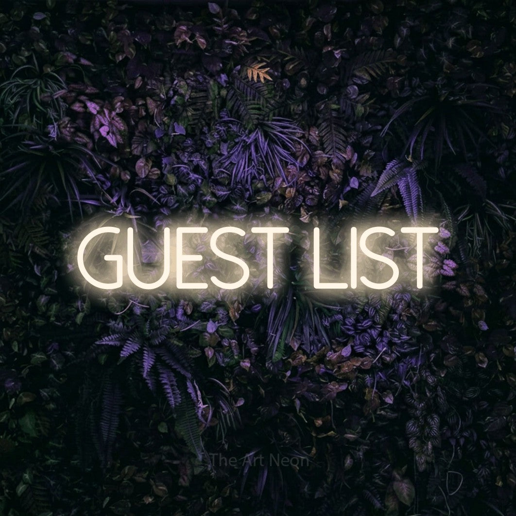 Warm white LED neon sign reading "Guest List" against a purple floral wall for party décor