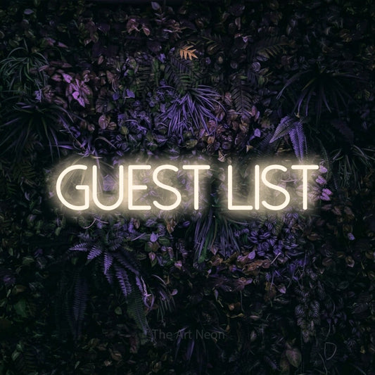 Warm white LED neon sign reading "Guest List" against a purple floral wall for party décor