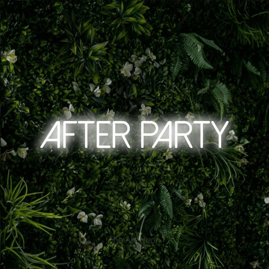 Cool white LED neon sign reading "After Party" against a leafy green wall for party décor