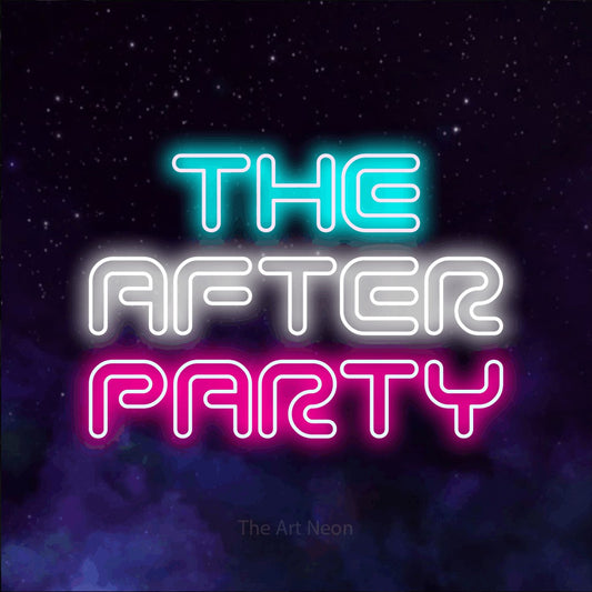 Multicolour outline-style LED neon sign reading "The After Party" against a purple galaxy background for party décor