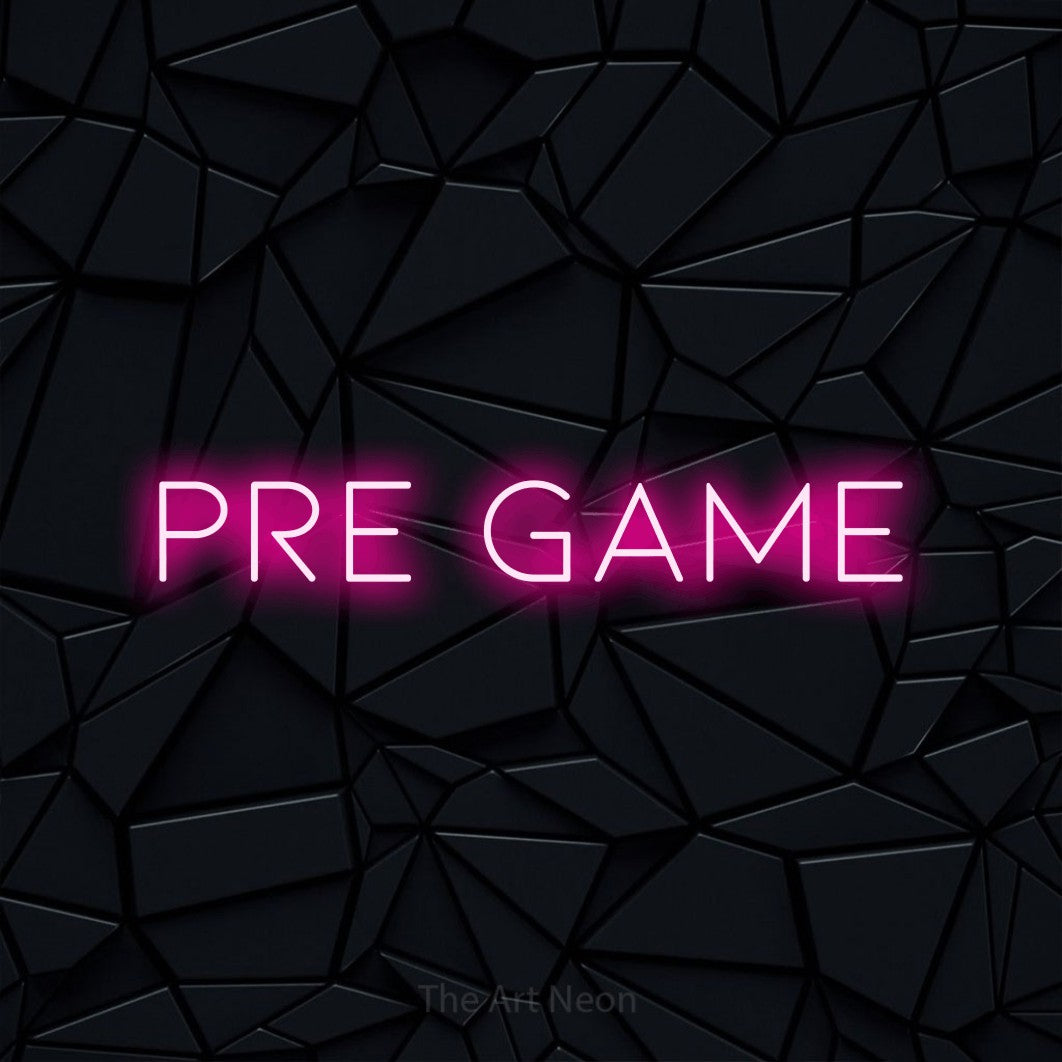 Hot pink LED neon sign reading "Pre Game" against a black faceted wall for party décor