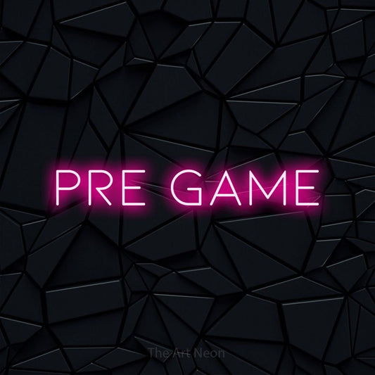 Hot pink LED neon sign reading "Pre Game" against a black faceted wall for party décor