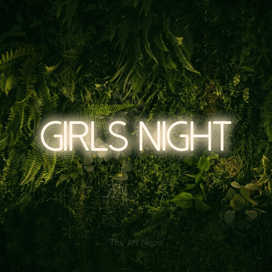 Warm white LED neon sign reading "Girls Night" against a moss-covered green wall for party décor