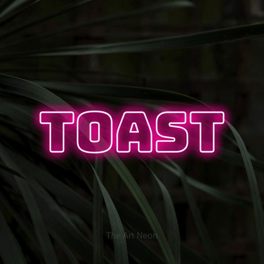 Hot pink outline-style LED neon sign reading "Toast" against dark tropical leaves for party décor