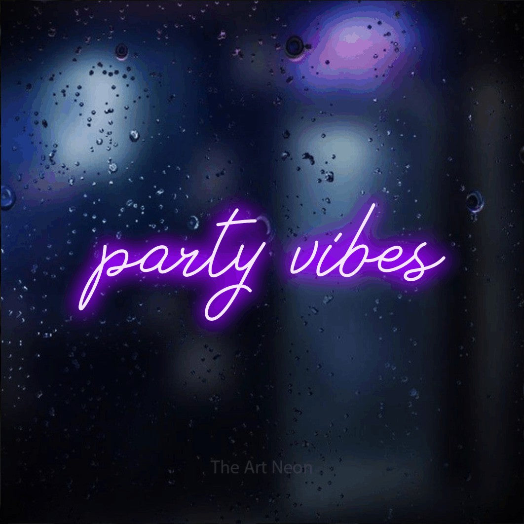 Purple script-style LED neon sign reading "Party Vibes" against a dark blue bokeh background for party décor