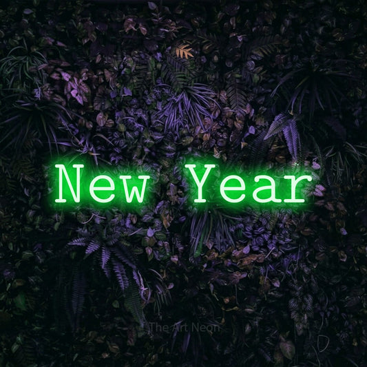 Green LED neon sign reading "New Year" against a purple floral wall for party décor