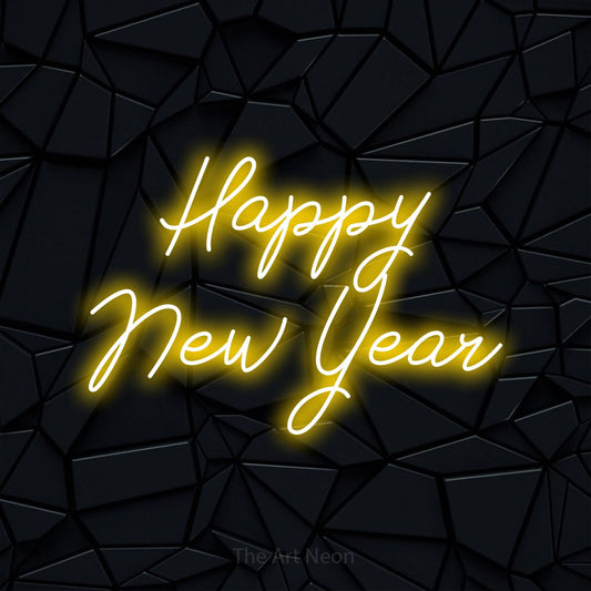 Yellow script-style LED neon sign reading "Happy New Year" against a black faceted wall for party décor