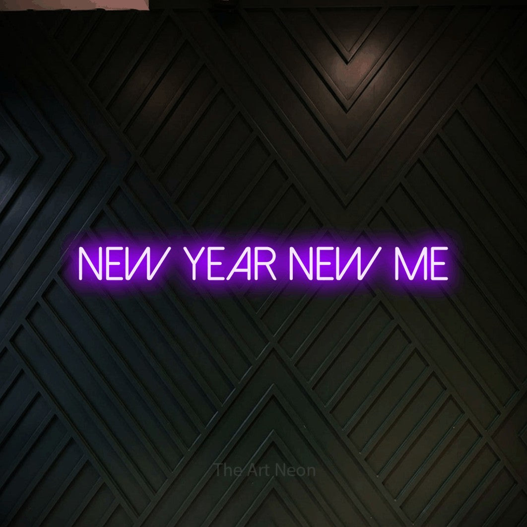 Purple LED neon sign reading "New Year New Me" against a dark geometric wood wall for party décor