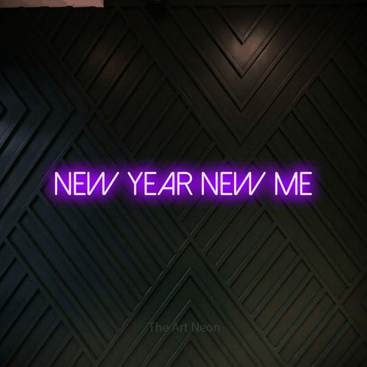 Purple LED neon sign reading "New Year New Me" against a dark geometric wood wall for party décor