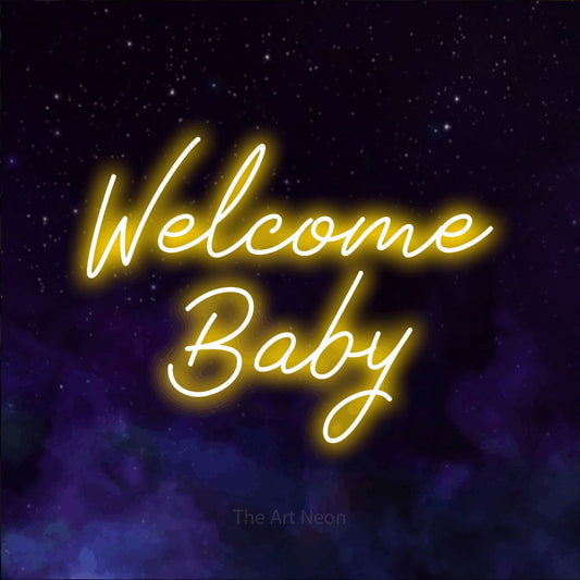 Yellow script-style LED neon sign reading "Welcome Baby" against a purple galaxy background