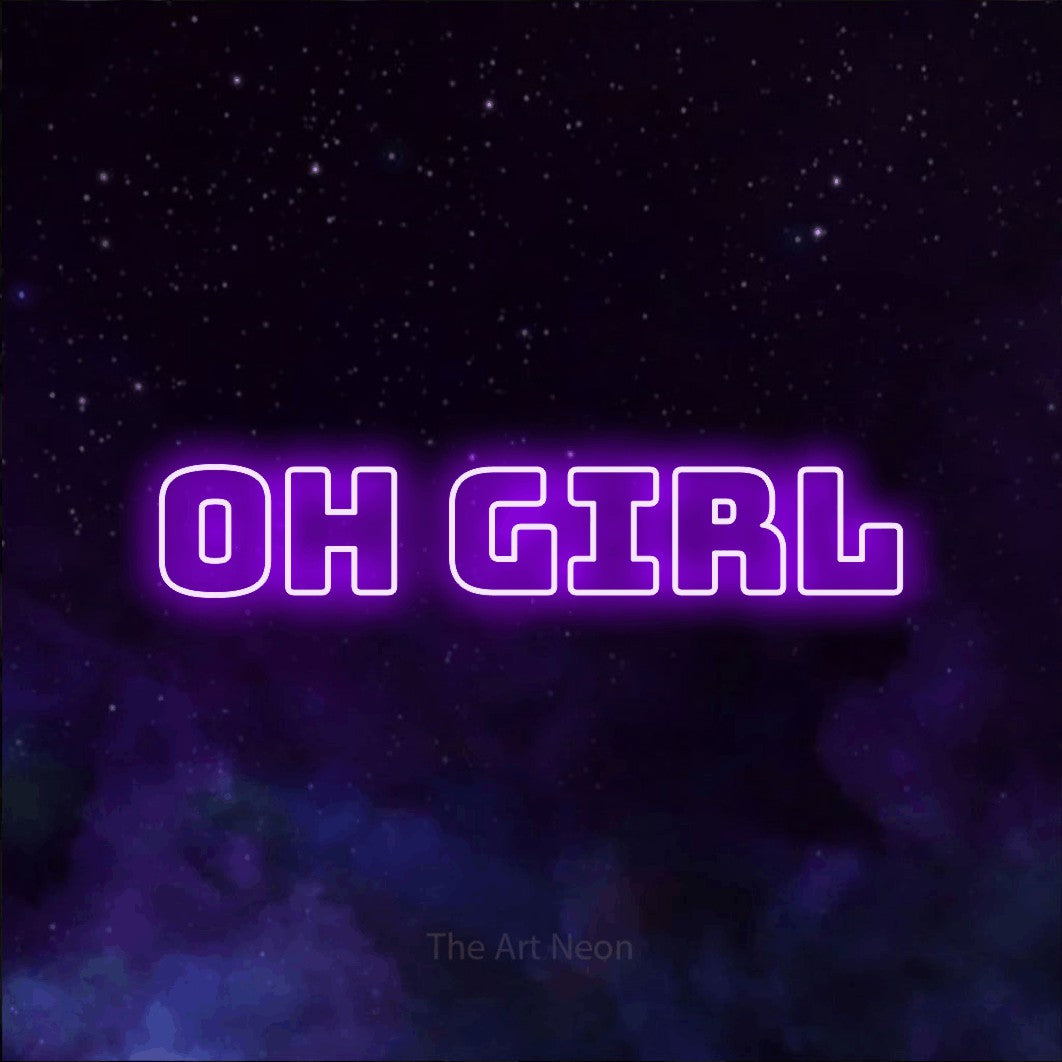 Purple outline-style LED neon sign reading "Oh Girl" against a purple galaxy background
