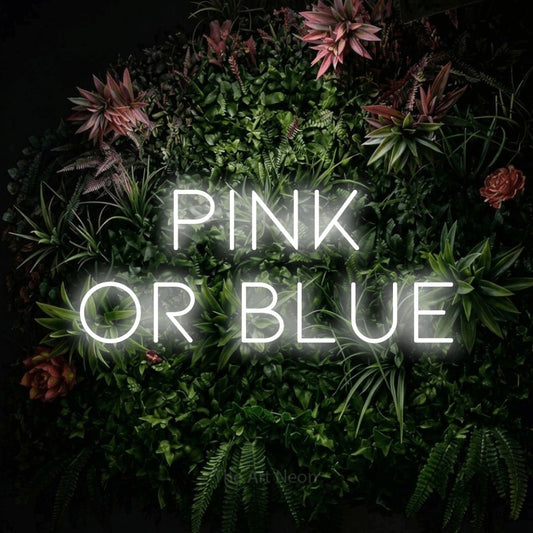 Cool white LED neon sign reading "Pink or Blue" against a flowering garden wall