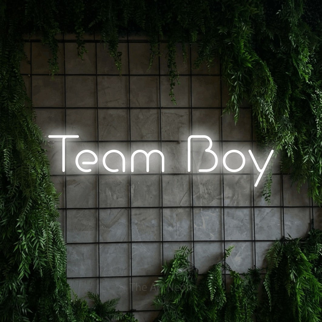 Cool white LED neon sign reading "Team Boy" against a green grid wall with foliage