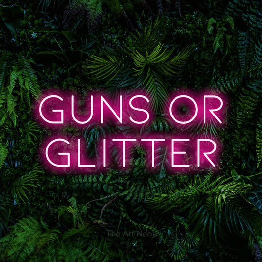 Hot pink LED neon sign reading "Guns or Glitter" against a dense tropical foliage wall