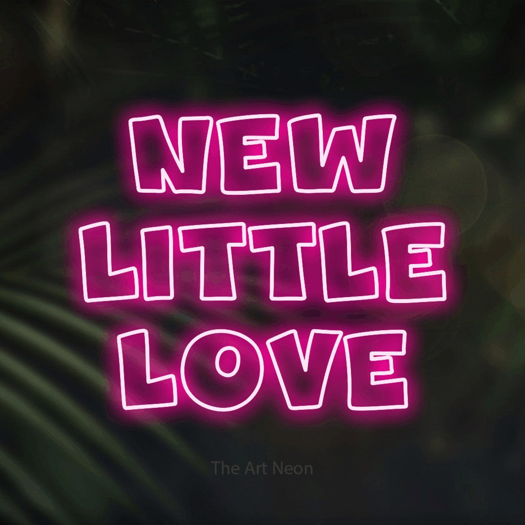Hot pink outline-style LED neon sign reading "New Little Love" against dark blurred palm leaves