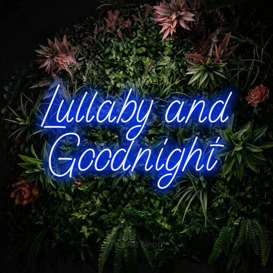 Blue LED neon sign reading "Lullaby and Goodnight" against a flowering garden wall