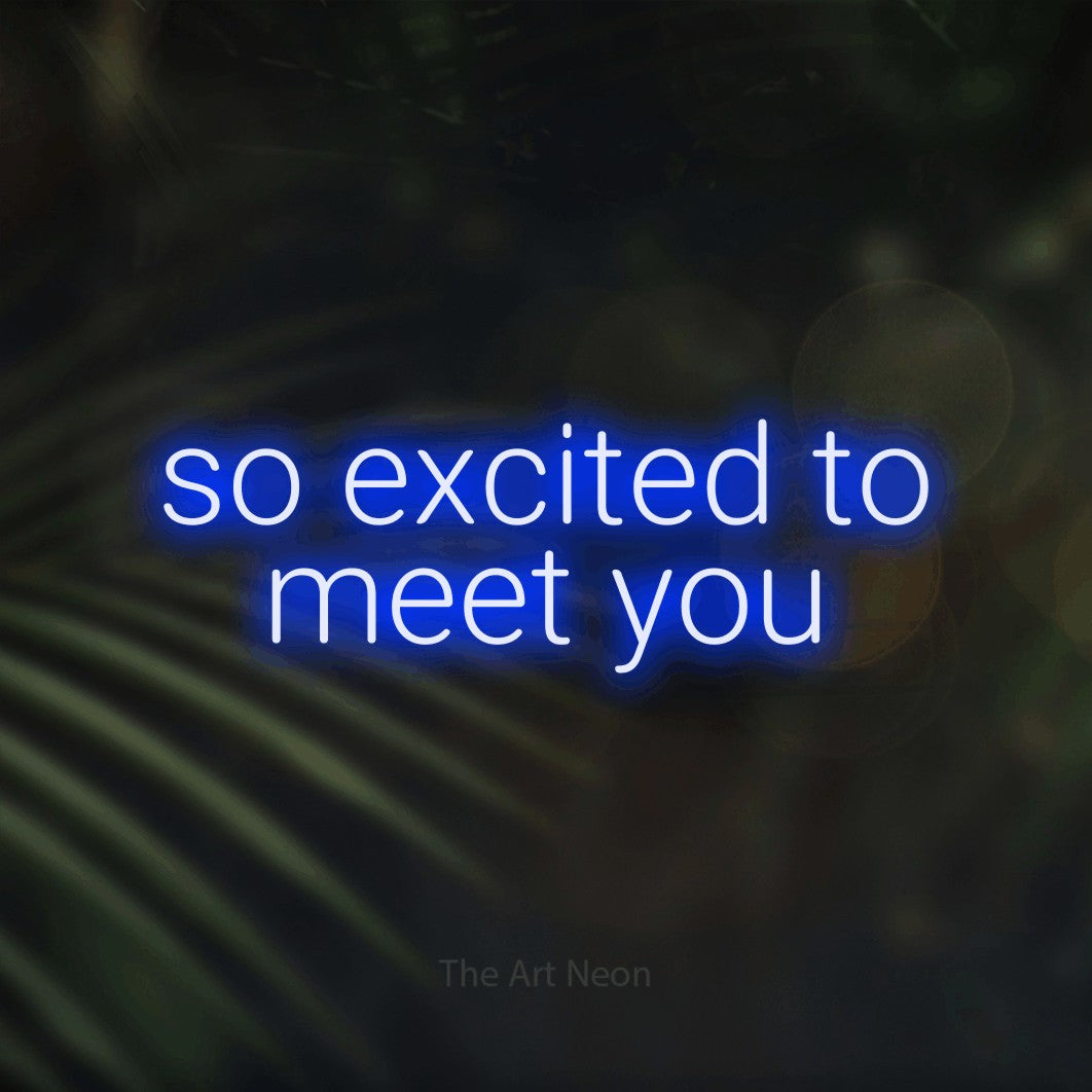 Blue LED neon sign reading "So Excited to Meet You" against dark blurred palm leaves