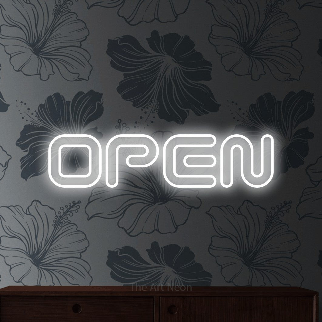 Cool white outline-style LED neon sign reading "Open" against grey floral wallpaper for restaurant décor