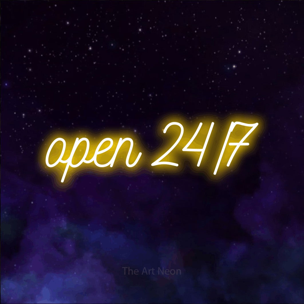 Yellow script-style LED neon sign reading "Open 24/7" against a purple galaxy background for restaurant décor