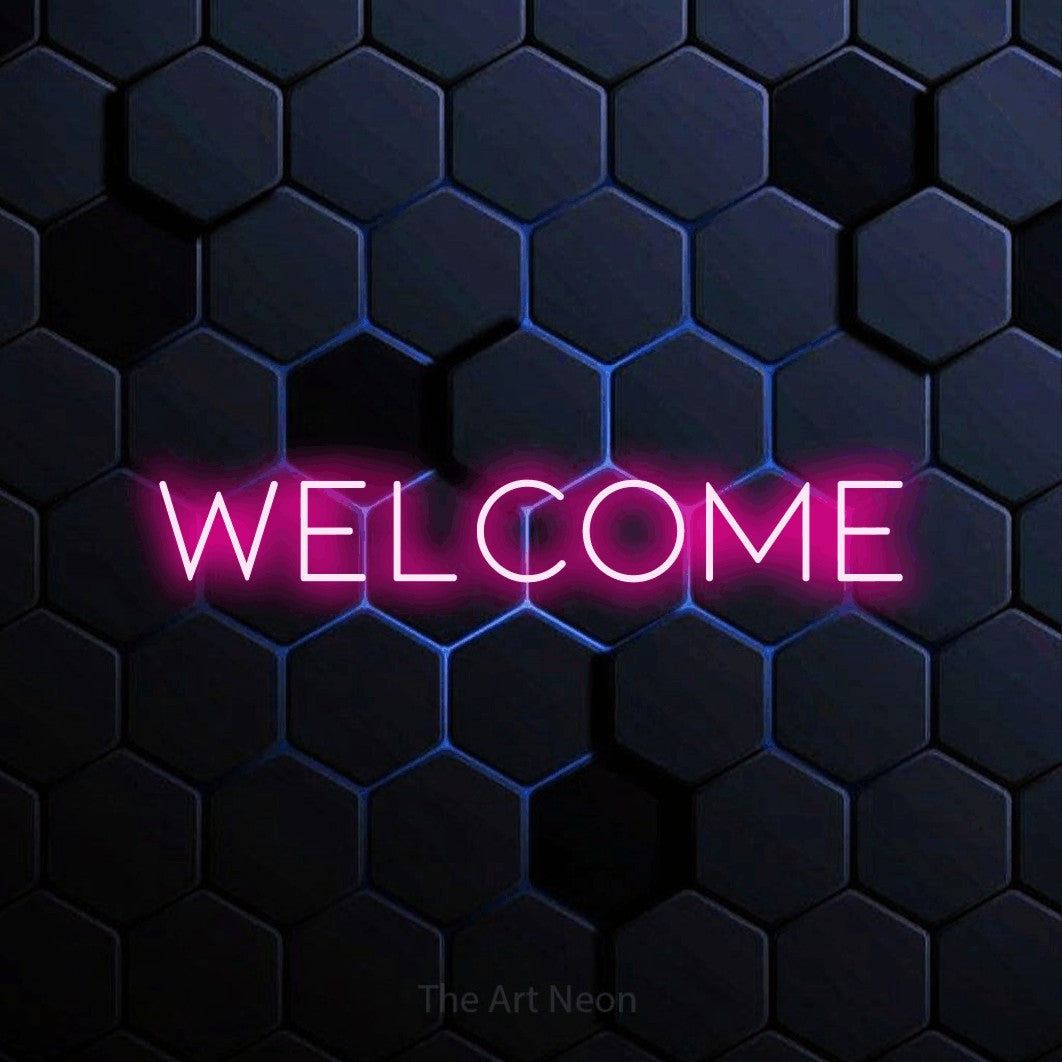 Hot pink LED neon sign reading "Welcome" against a blue hexagonal wall for restaurant décor