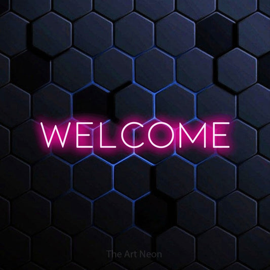 Hot pink LED neon sign reading "Welcome" against a blue hexagonal wall for restaurant décor