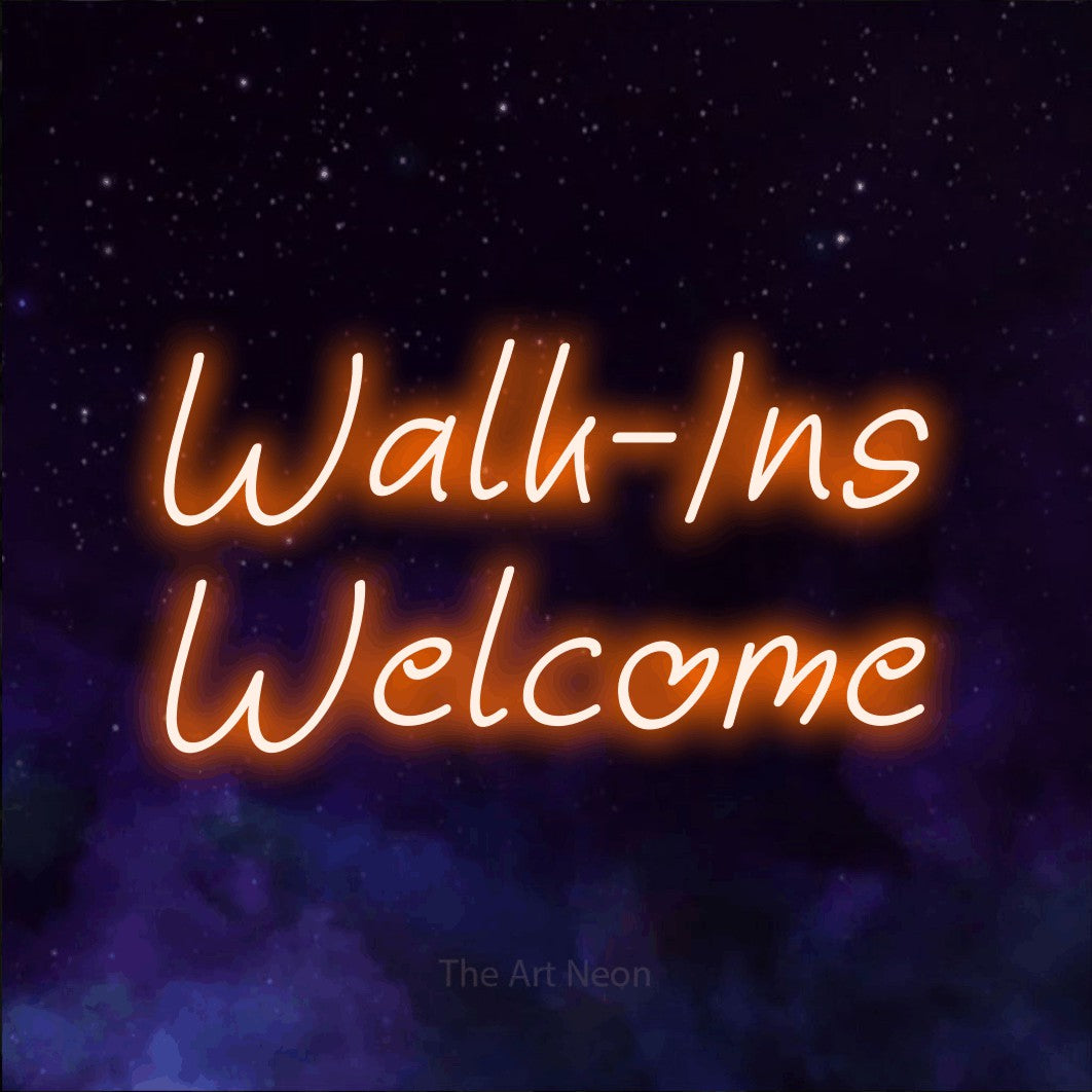 Orange LED neon sign reading "Walk-Ins Welcome" against a purple galaxy background for restaurant décor