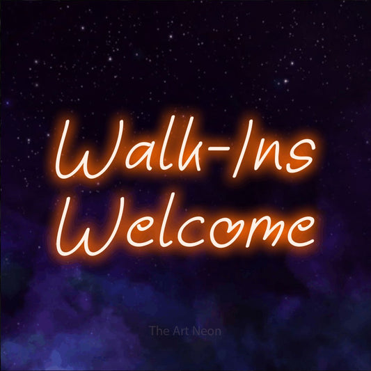 Orange LED neon sign reading "Walk-Ins Welcome" against a purple galaxy background for restaurant décor