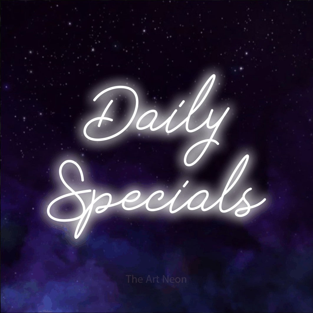 Cool white script-style LED neon sign reading "Daily Specials" against a purple galaxy background for restaurant décor