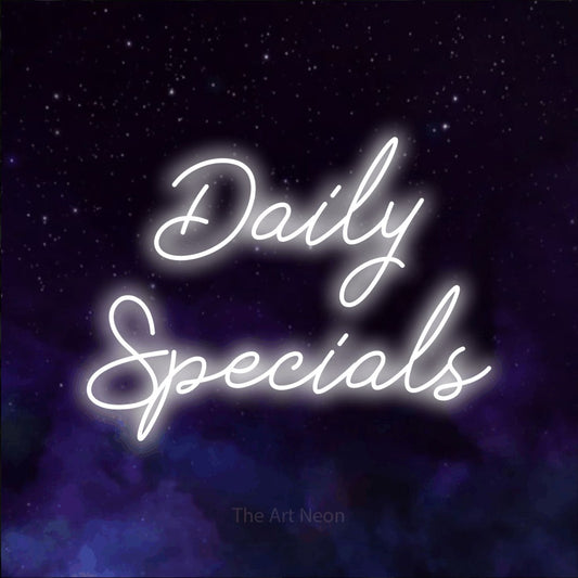 Cool white script-style LED neon sign reading "Daily Specials" against a purple galaxy background for restaurant décor